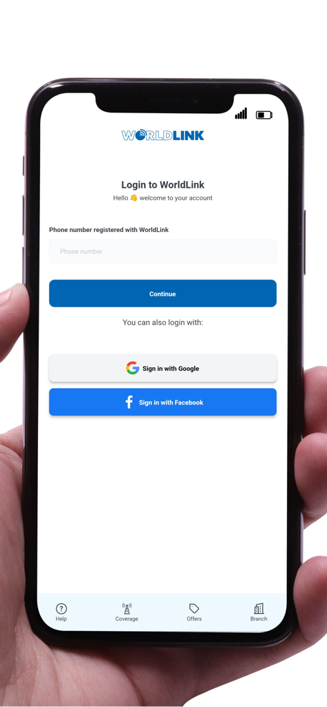 myWorldLink - The myWorldLink app login screen showing a phone number input field and sign-in buttons for Google and Facebook.