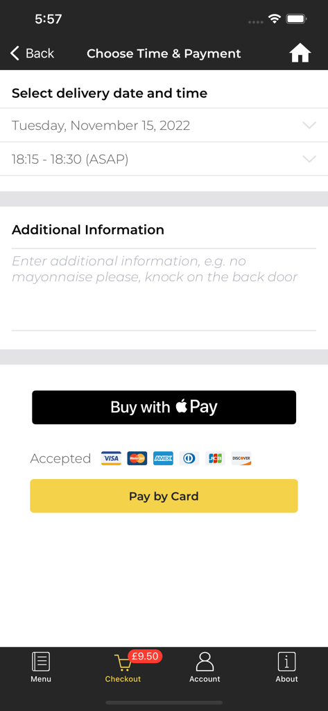 Checkout screen of the New Hong Kong Montrose app showing delivery time selection and payment options like Apple Pay.