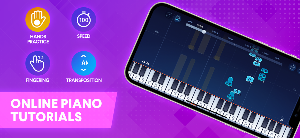 OnlinePianist: Piano Songs - A mobile phone displaying the OnlinePianist app interface with visual piano tutorials and learning tools like speed control and hand practice