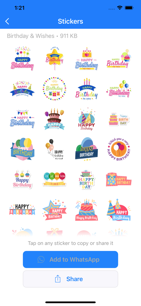Happy Birthday Card Maker. - A collection of colorful happy birthday stickers with share and WhatsApp buttons