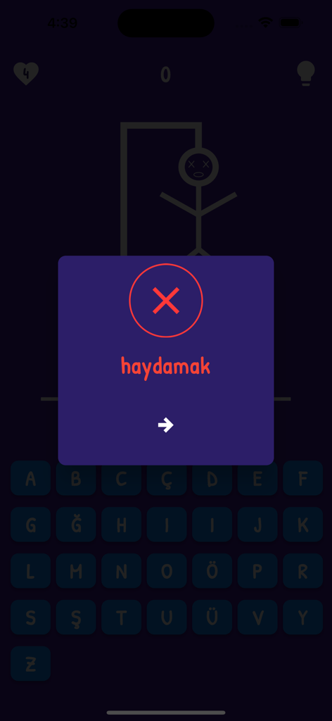 Adam Asmaca - TR - Gameplay of Adam Asmaca showing a hangman game over screen with a Turkish word