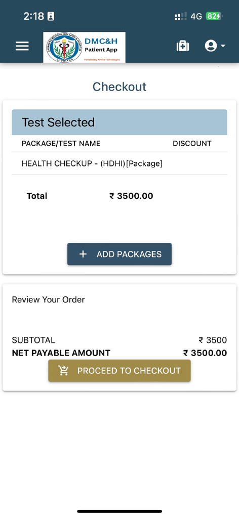 Schermata di checkout nell'app DMCH Patient Portal che mostra la selezione di un pacchetto di controllo sanitario e il prezzo totale in Rupie Indiane