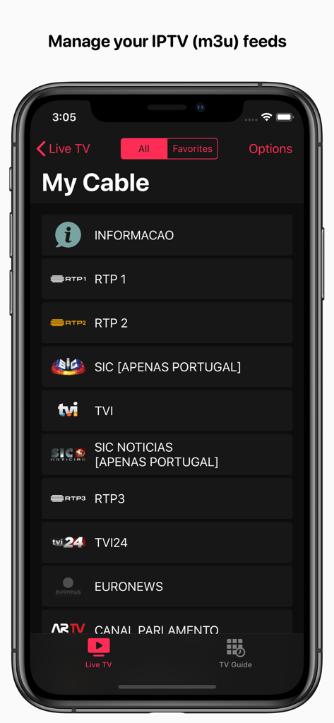 Feedlix TV app interface showing a list of IPTV channels