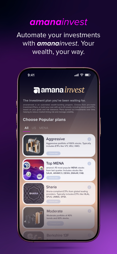 Trading & Investing App: amana - Amanaモバイルアプリのインターフェース。トップMENAやShariaポートフォリオのような自動投資プランを表示