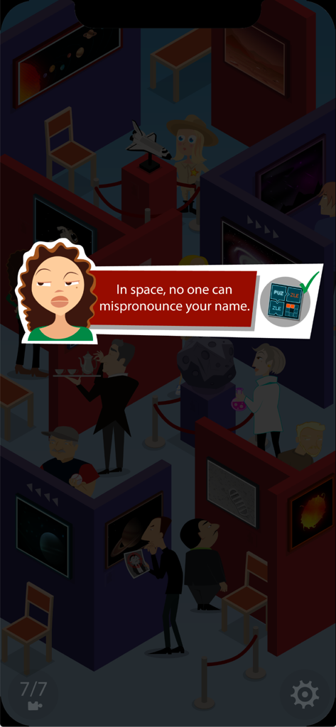 Mystery Puzzle Museum - A hand drawn museum exhibit with a character delivering a witty line about space.