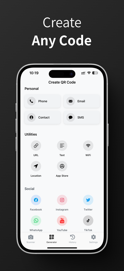 QR Code Generator / Scanner - Una interfaz de aplicación móvil titulada Crear Código QR que muestra varias opciones para generar códigos para plataformas de teléfono, correo electrónico, WiFi y redes sociales.