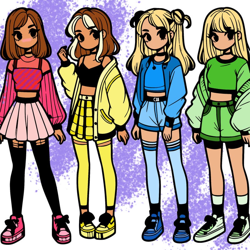 one girl with crop-top shirt and a jacket with a skirt, long socks and another girl with a shirt and pants with a jacket