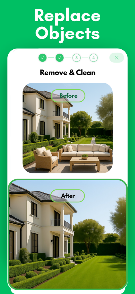 AI Garden Design: AI Landscape - Before and after comparison showing patio furniture removal from a backyard landscape using AI