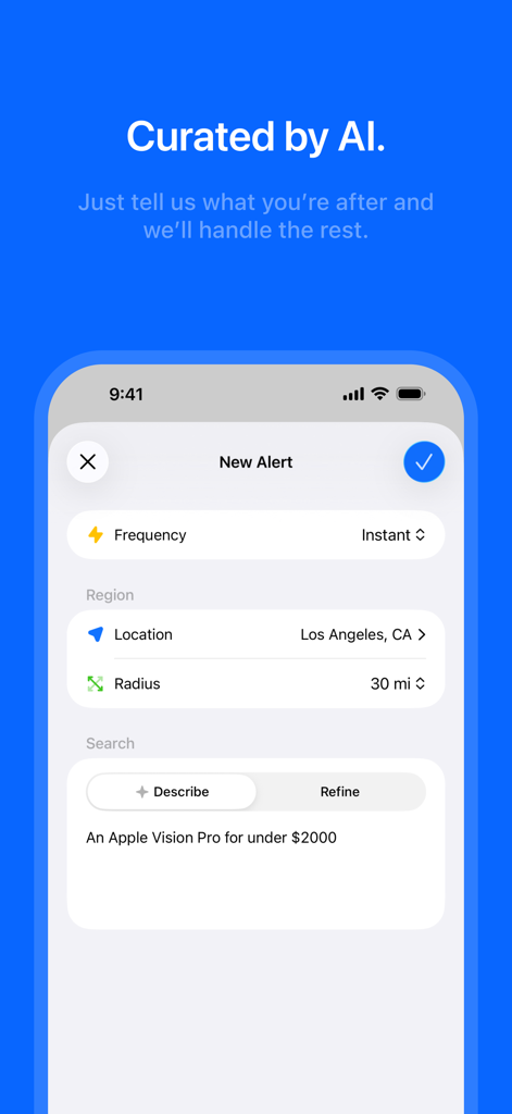 Interfaz de la aplicación Scout mostrando la configuración de una nueva alerta para un Apple Vision Pro usando curación de IA