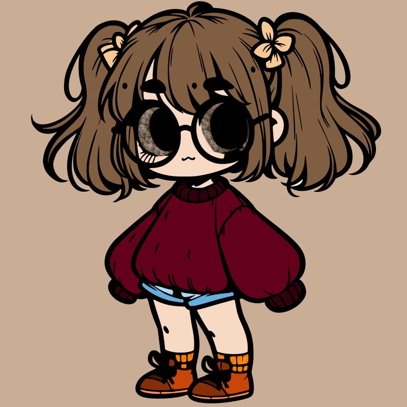 a girl with a shoulder length haircut with glasses and a big fuzzy sweater on with big eyes and tiny shorts with no shoes