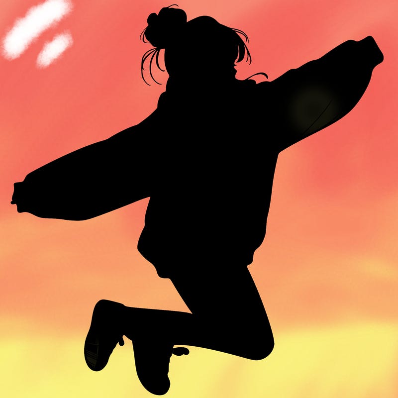 realistic girl jumping with a bun and oversized sweatshirt