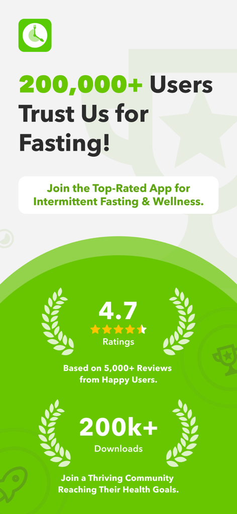 Fast: Intermittent Fasting App - Pantalla promocional de la app Fast Intermittent Fasting mostrando una calificación de 4.7 estrellas y más de 200.000 descargas.