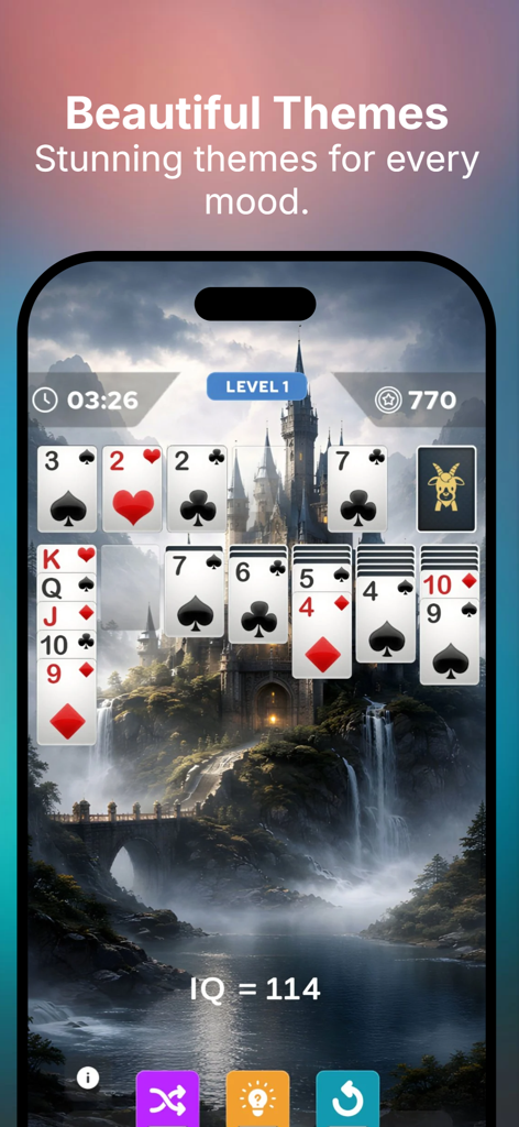 Solitaire Classic – Klondike - Solitaire Classic Klondike gameplay showing a customizable fantasy castle background theme.