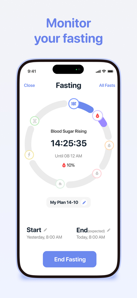 Calorie Counter - Calory AI - Intermittent fasting tracker interface with a circular timer and daily plan summary in the Calory AI app
