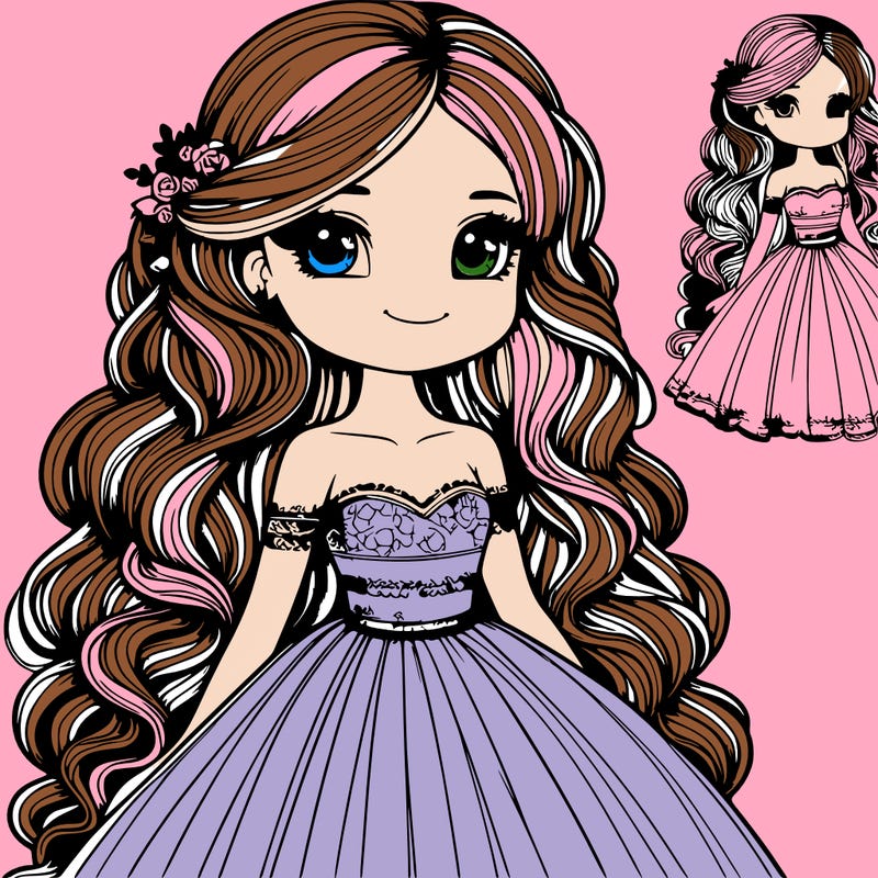 realistic girl in a pretty dress with long hair that is curled