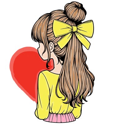 realistic girl  with hip length hair a bun and a big bow on the back of head