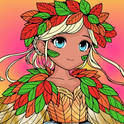 a realistic girl with a costume made of leaves