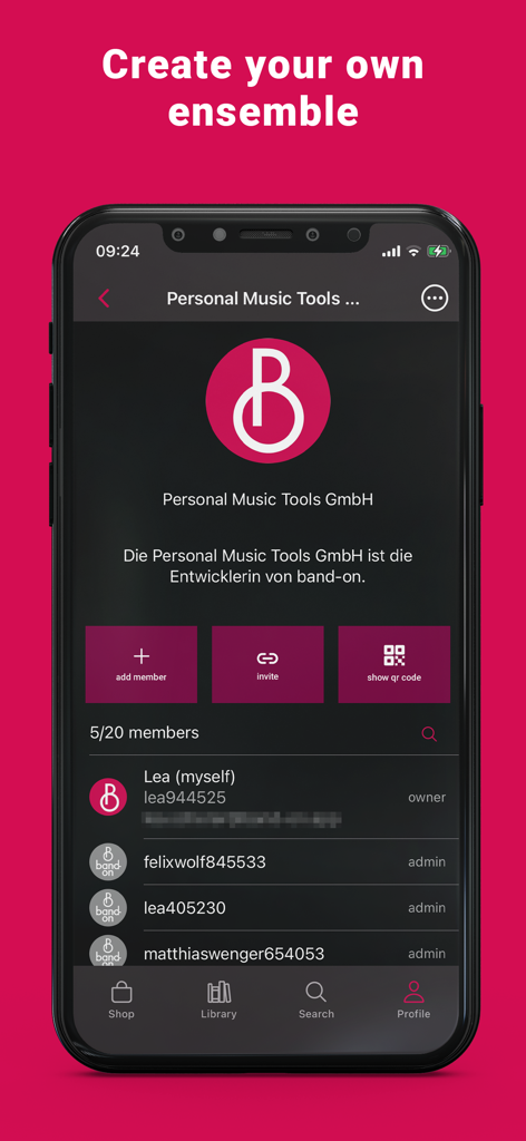 Benutzeroberfläche zur Verwaltung von Bandmitgliedern und zur Erstellung eines Ensembles in der band-on-App
