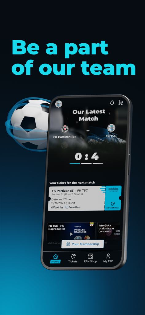 FK TSC - Pantalla de inicio de la app móvil FK TSC mostrando resultados de partidos de fútbol y entradas digitales