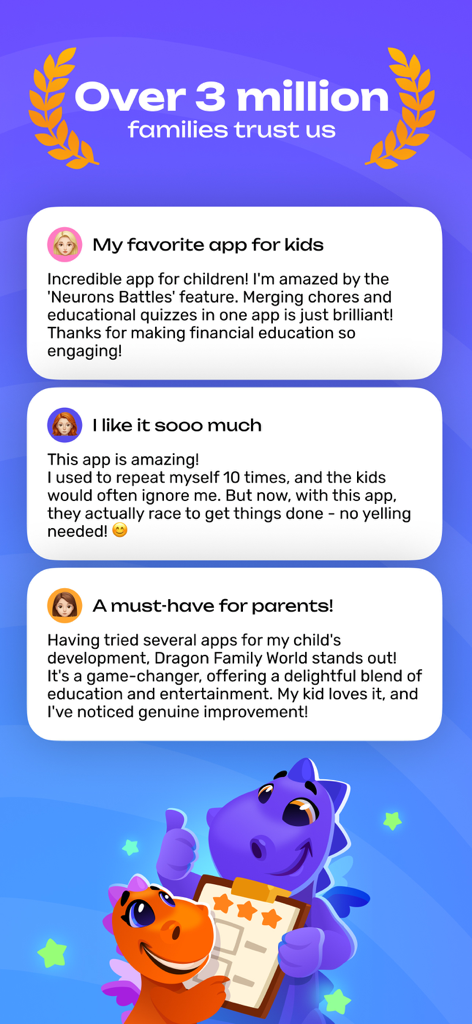 DragonFamily: Chores & Rewards - User reviews for DragonFamily app highlighting benefits for children's chores and financial education with over 3 million families trust indicator
