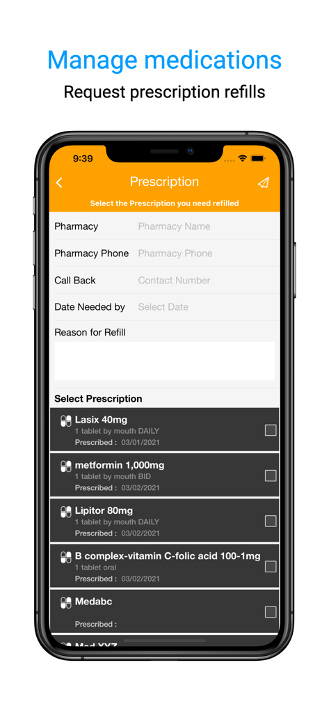 Mobile screen of nAble Health app showing prescription refill request form and medication list