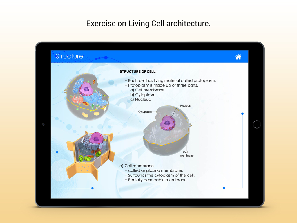 An iPad screen displaying 3D diagrams and educational text about animal and plant cell structures in The Living Cell app.