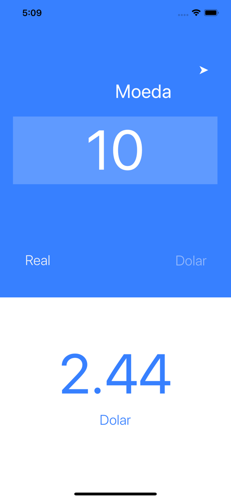 X Conversor app interface showing currency conversion from Brazilian Real to US Dollars