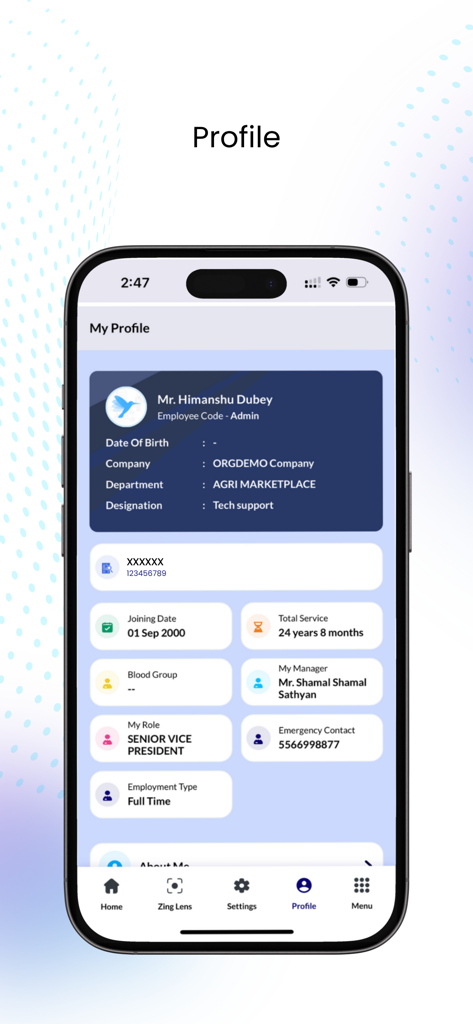 ZingHR - Mobile screen showing an employee profile in the ZingHR app with career and contact details.
