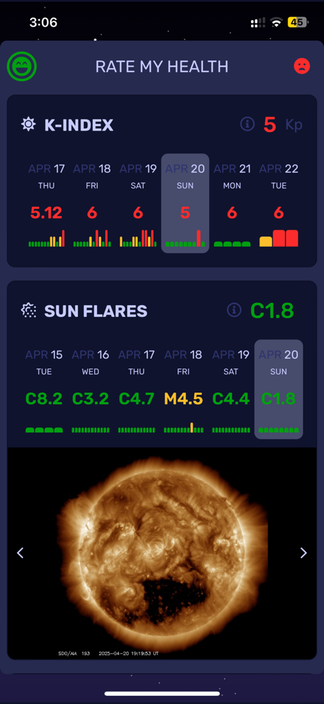 Meteoagent - Meteoagent app screen showing geomagnetic K-index and solar flare tracking for health monitoring