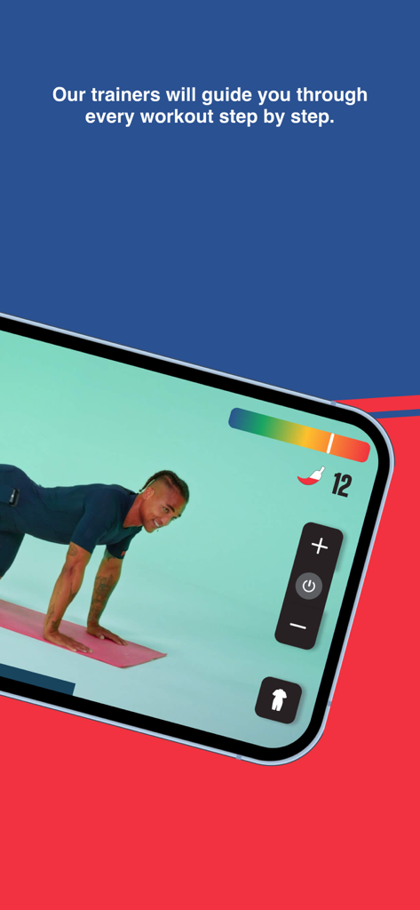 PEPPER: Home EMS Training - Pepper App geführte Workout-Video zeigt einen Trainer in einem EMS-Anzug mit Schnittstellensteuerungen für die Intensität