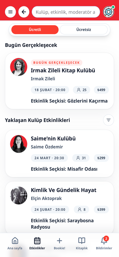 Book.Love - 호스트 세부 정보 및 일정과 함께 예정된 북클럽 이벤트 목록을 보여주는 Book.Love의 모바일 앱 인터페이스