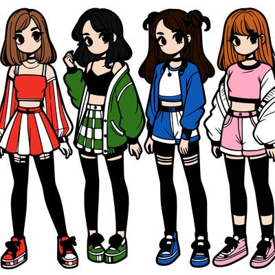 one girl with crop-top shirt and a jacket with a skirt, long socks and another girl with a shirt and pants with a jacket