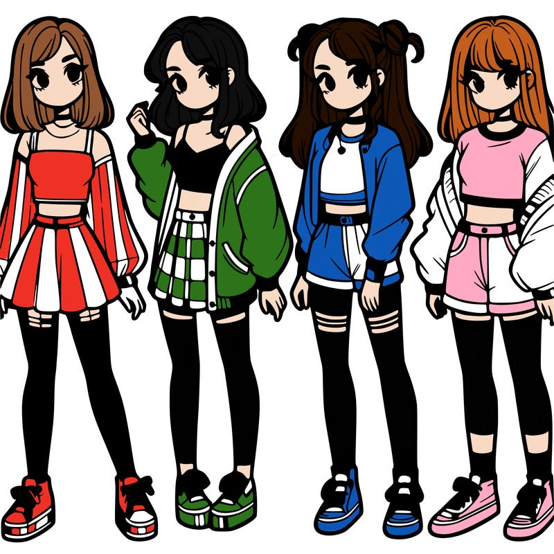 one girl with crop-top shirt and a jacket with a skirt, long socks and another girl with a shirt and pants with a jacket