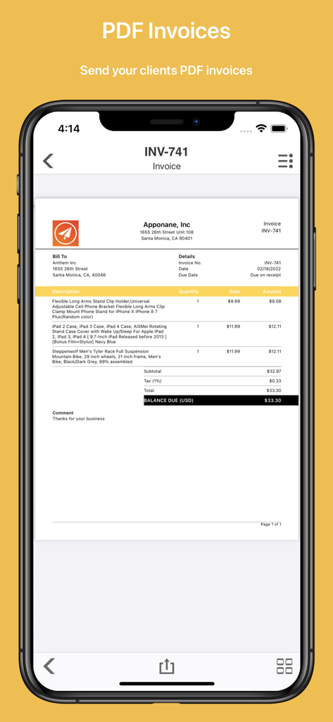 Uma fatura PDF profissional exibida em uma tela de celular mostrando custos detalhados e detalhes de faturamento do aplicativo Invoice Maker.
