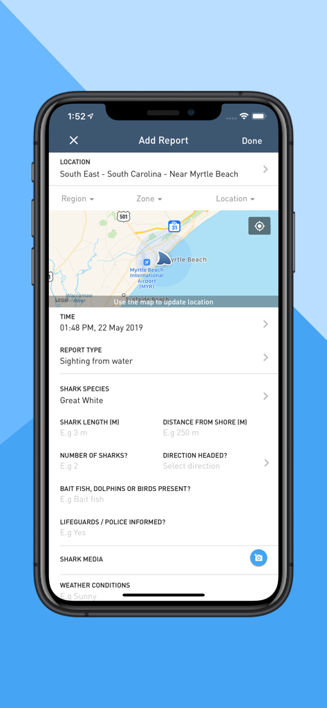 Dorsal app interface for submitting a shark sighting report featuring a map and species details