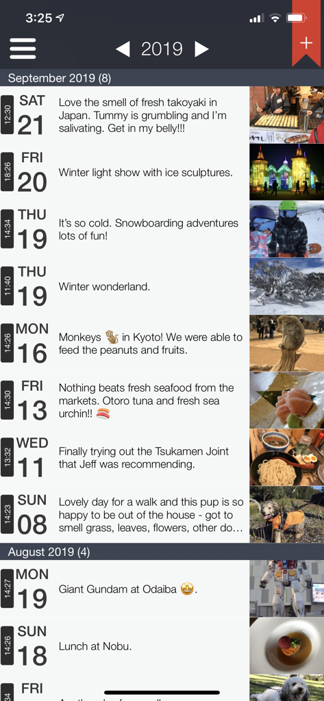 Capture 365 Journal - Timeline view of Capture 365 Journal entries showing travel memories and photos