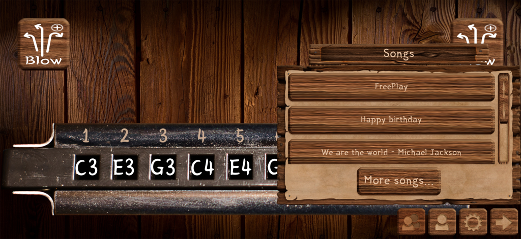 Harmonica Real Pro - Song selection menu in the Harmonica Real Pro app showing a list of practice songs over a wooden background.