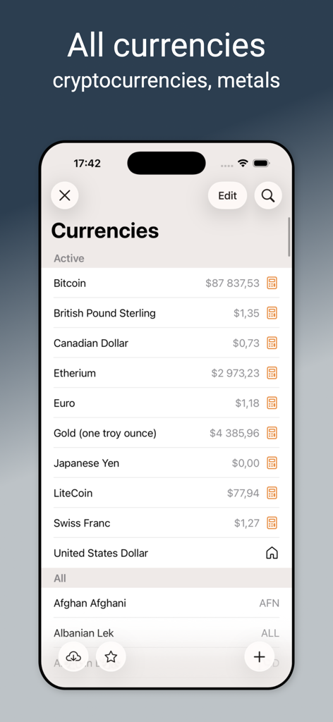 Alzex Finance Pro - Alzex Finance Pro app interface showing tracking for currencies cryptocurrencies and precious metals