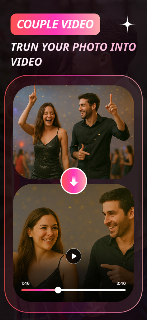 AI Couple Photo Generator - Benutzeroberfläche der AI Couple Photo Generator App, die den Prozess der Umwandlung eines statischen Partnerfotos in ein animiertes Video zeigt