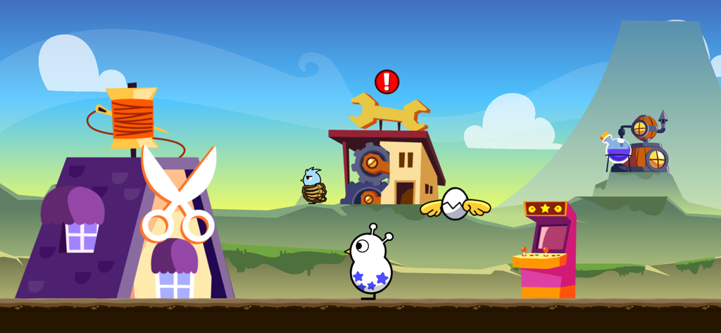 Duck Life 5: Treasure Hunt - A white duck character with blue stars in a colorful cartoon village featuring a tailor shop, mechanical workshop, and an arcade machine.