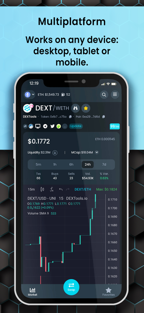 DEXTools 모바일 앱 인터페이스에 실시간 암호화폐 가격 차트와 시장 데이터가 표시됩니다.