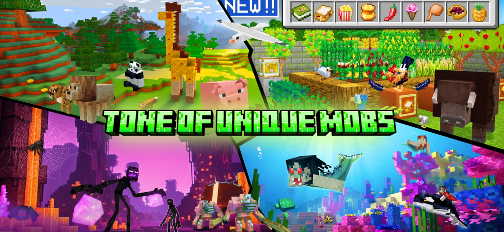 A showcase of custom Minecraft mobs including giraffes mermaids and unique monsters in various game biomes