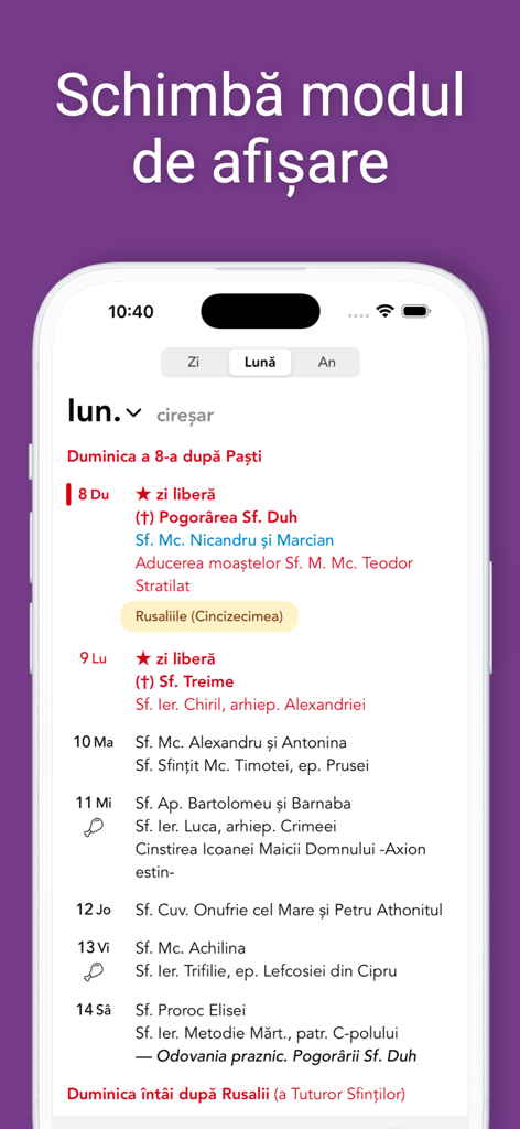 Una interfaz móvil del Calendario Rumano Ortodoxo que muestra festividades religiosas, reglas de ayuno y santos para el mes de junio