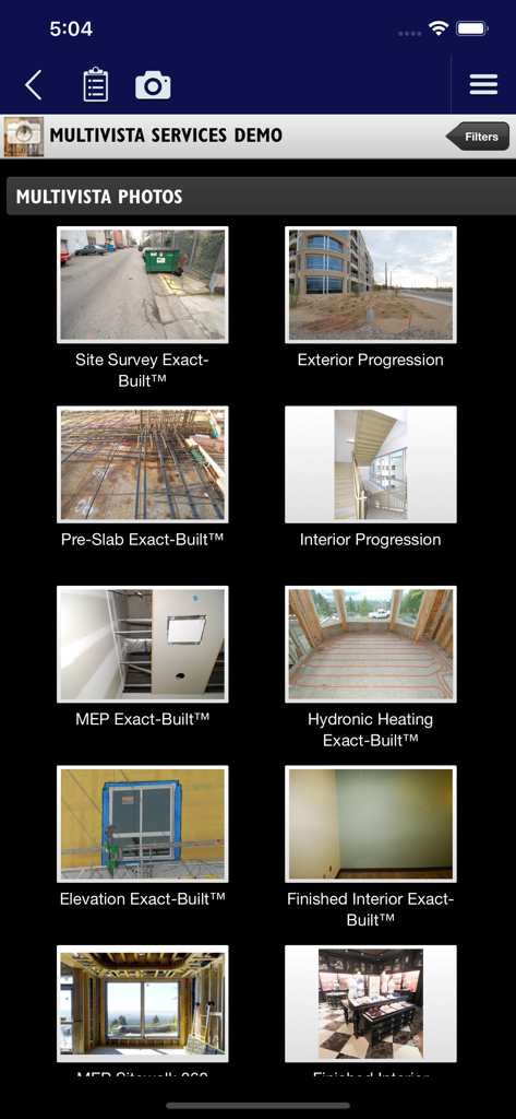 Multivista - The Multivista mobile app displaying a gallery of construction site photos documenting various project stages like site surveys and interior progression.