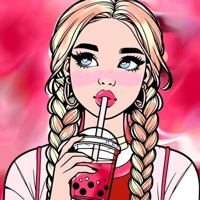 realistic girl with braided hair drinking boba