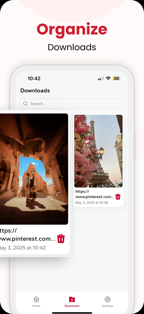 PinSaver app interface showing the organize downloads screen with saved Pinterest videos