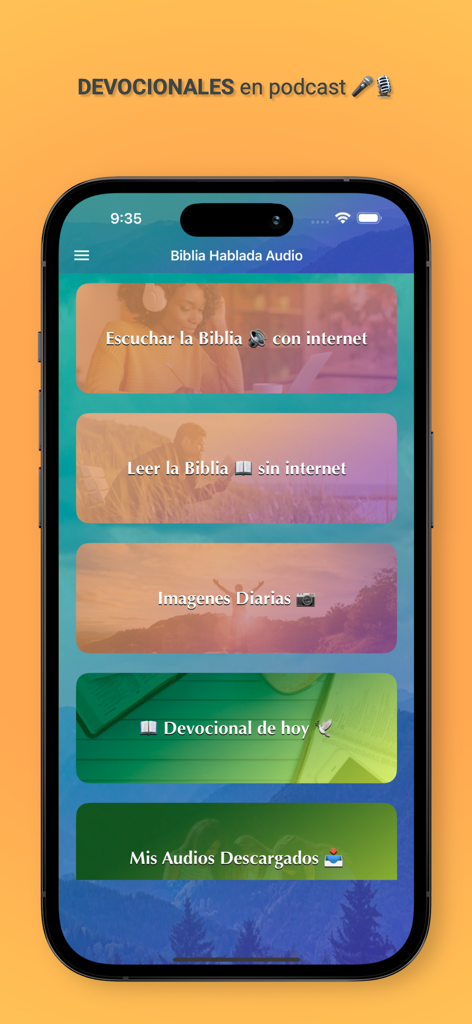 Biblia Hablada en Audio - スペイン語オーディオ聖書アプリのホーム画面。日々の祈りやオフライン読書オプションが表示されています。
