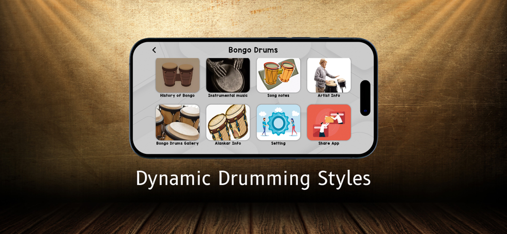 Pantalla de la aplicación Bongo Drums Master que muestra estilos de batería dinámicos y varias opciones de menú, incluyendo historial, notas de canciones e información del artista.