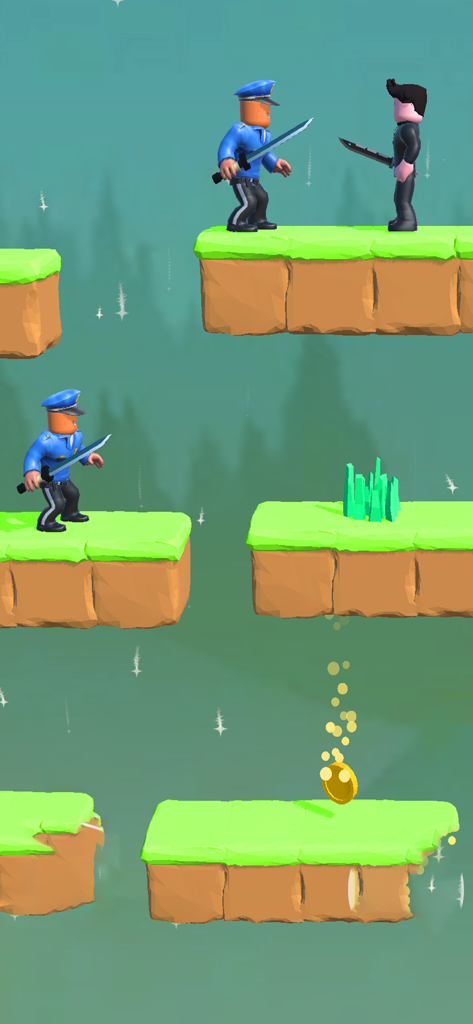 Jump Ninja games falling boy - Um personagem ninja salta entre plataformas flutuantes enquanto luta contra inimigos com espadas.