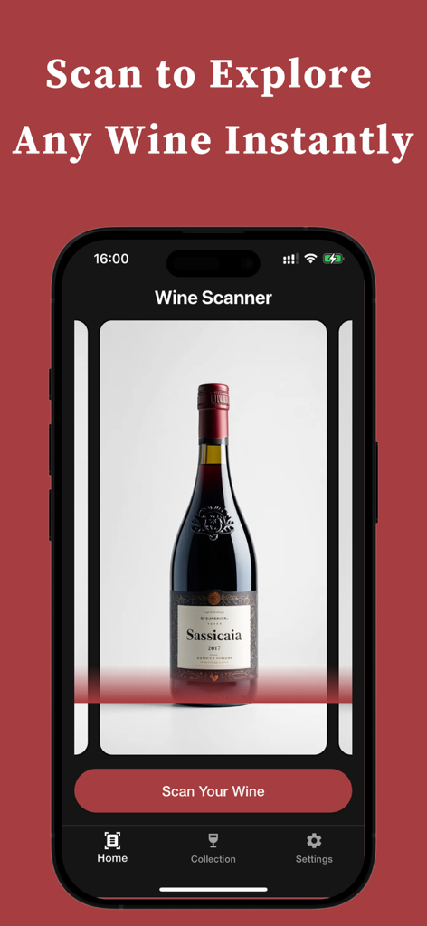 Interface do aplicativo Wine Scanner escaneando um rótulo de vinho para identificação instantânea